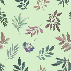 Seamless botanical watercolor pattern. Hand painted leaves of different colors on green background.
