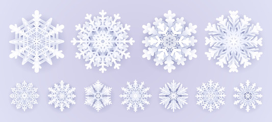 White paper snowflakes isolated on grey background.Merry Christmas Greetings card decoration .Origami Snowfall. 3D paper cut aut style vector illustration.