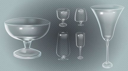 Set of cocktail stemware and glasses for alcohol. Empty glass Cup, glass wine glass on transparent background, 3d vector icon