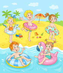 A group of funny kids resting on the beach. Colorful picture in cartoon style.