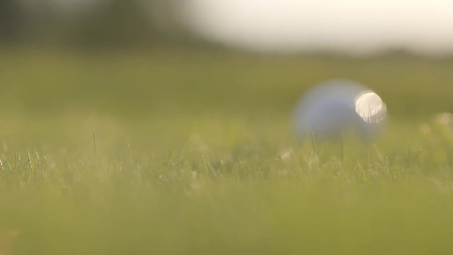 Close-up of golf ball rolling on the green grass. Male hand grabbing the ball. Image is blurred, defocused. Summer leisure