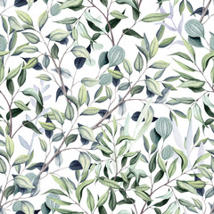Seamless Pattern of Watercolor Branches and Foliage