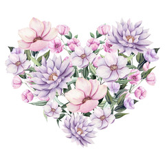 Heart of Watercolor Flowers and Leaves