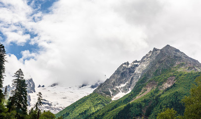 Obraz premium Dombay mountain range in the Caucasus in summer, snow-capped peaks and green mountain slopes