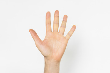 male hand over gray background. male hand showing and pointing up with fingers number five