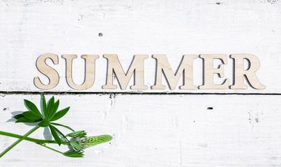 Word SUMMER on light wooden background. Flat lay