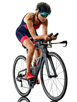 one caucasian woman practicing triathlon triathlete ironman studio shot isolated on white background