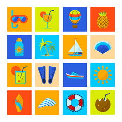 Flat color summer Holiday icon set. Sports and recreation. Beach accessories. Vector illustration.