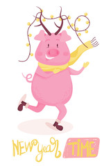 New Year greeting card with funny pig. Cute pig with Christmas garland and hand drawn lettering. Vector illustration.