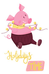 New Year greeting card with funny pig. Cute pig with Christmas garland and hand drawn lettering. Vector illustration.