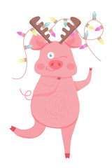 Obraz na płótnie Canvas New Year greeting card with funny pig. Cute pig with Christmas garland. Vector illustration.