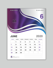 Desk Calendar Design, June 2020 Year Template, Calendar 2020 Vector, Week Start On Sunday, Planner, Stationery, Printing, vertical artwork