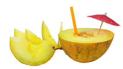 Fototapeta na wymiar Fresh melon as a natural juice concept. Melon cocktail with tubule and umbrella