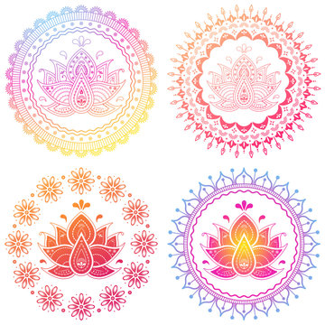 Set of colorful ornamental mandala with lotus illustration. Gradient folk