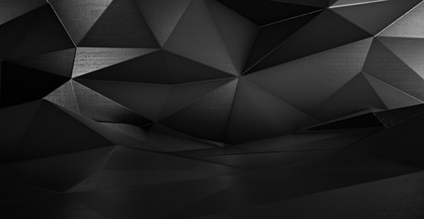 Abstract black futuristic polygonal shape of triangulated surface. Low poly crystal random pattern background. 3d rendering.