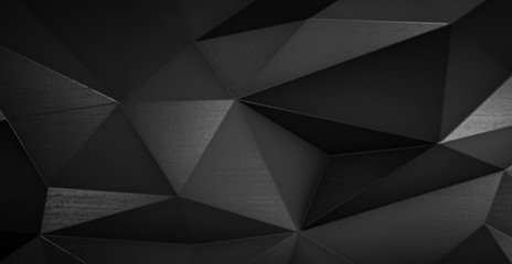 Abstract black futuristic polygonal shape of triangulated surface. Low poly crystal random pattern background. 3d rendering.