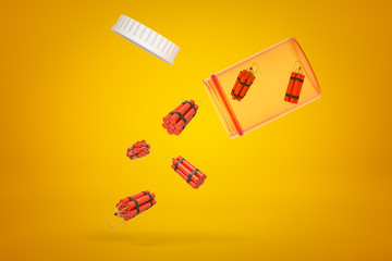 3d rendering of TNT dynamite sticks falling out of plastic pills jar on yellow background