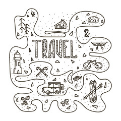 Set of hand drawn travel doodle. Vector illustration.