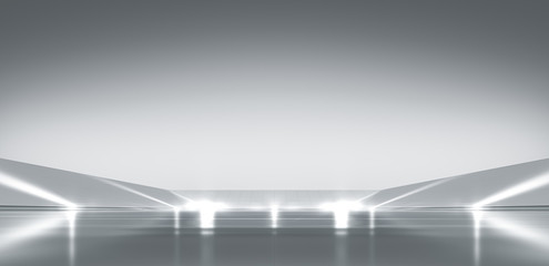 Elegant white futuristic light and reflection with grid line background. 3D rendering.