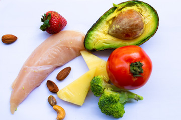 Keto ingredients on white background