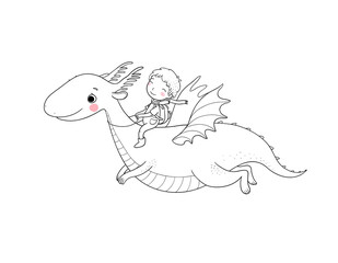 The boy and the dinosaur. The prince flies on a dragon.