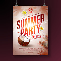 Vector Summer Party Flyer Design with Flower, Coconut and Tropical Palm Trees on Shiny Sunset Background. Summer Holiday Illustration with Exotic Plants and Typography Letter for Banner, Flyer