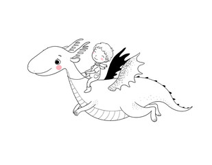 The boy and the dinosaur. The prince flies on a dragon.