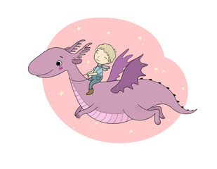 The boy and the dinosaur. The prince flies on a dragon.
