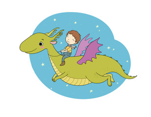 The boy and the dinosaur. The prince flies on a dragon.