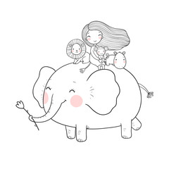 Cute cartoon girl, elephant, monkey and hippo.