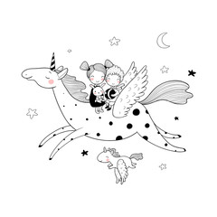 Cute cartoon boy and girl and unicorn