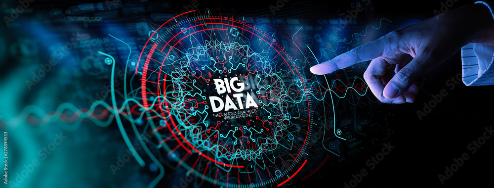 Fototapete Big data in HUD and icon ui with hand selecting and pressing Big Data symbol and modern interface.