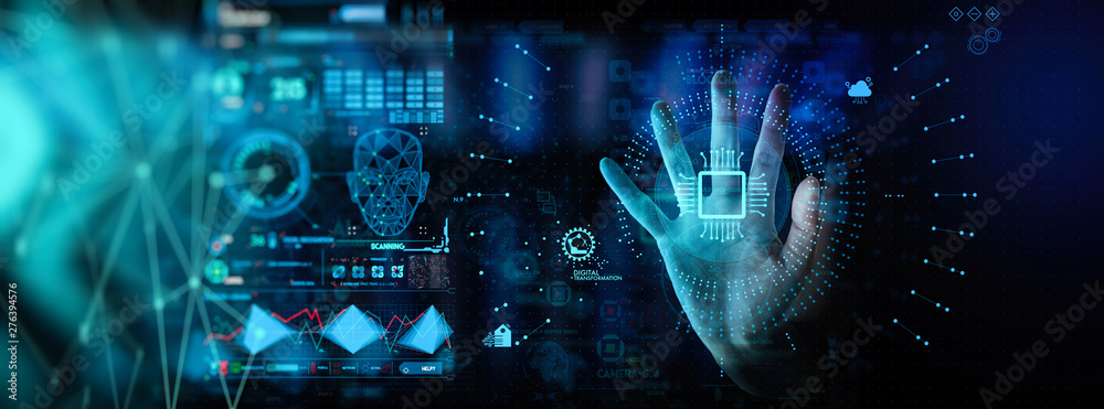 Poster hand working with digital transformation change management and internet of things (iot) ui.
