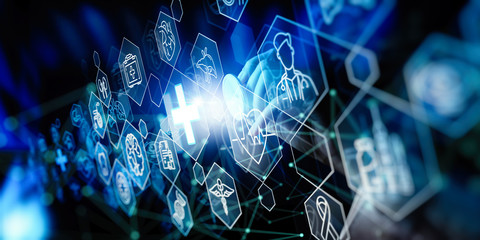 Medicine doctor touching and diagnose electronic medical record of patient on interface. DNA. Digital healthcare and network on modern virtual screen, medical technology and futuristic concept.