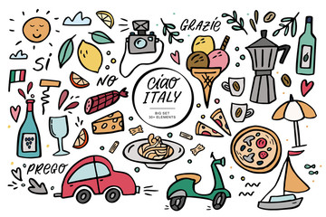 Ciao Italy big vector illustration and handlettering set.