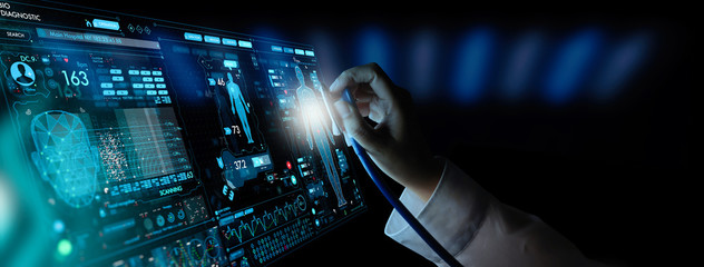 Medicine doctor and stethoscope in hand touching Ui and icon future of medical technology.