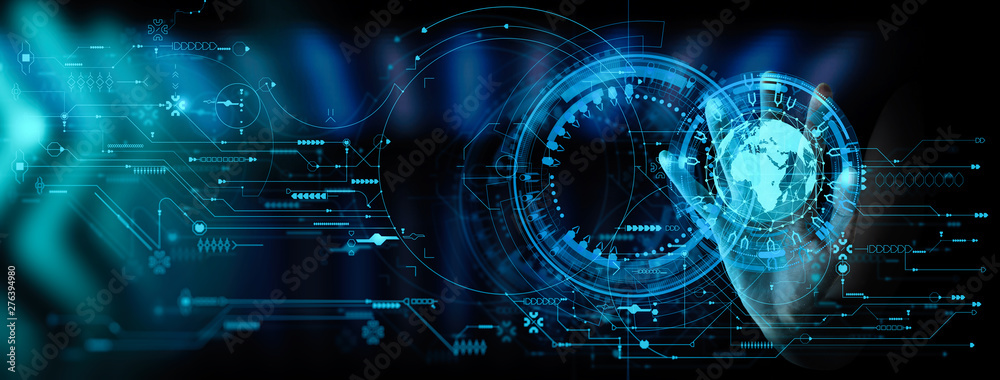 Aufkleber Hand working with the earth with network line with point on the star and world modern UI with Internet Network concept.