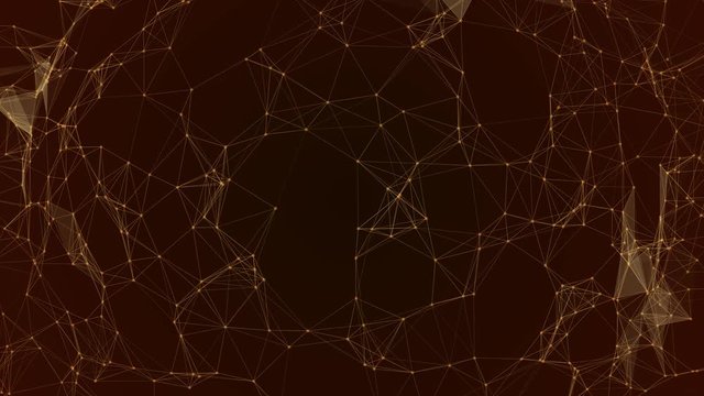 Abstract molecular structure in the form of a future triangle, motion graphics, golden graphics, orange background and yellow Concept of computer network connection, digital animation technology in th