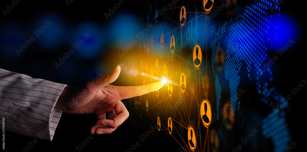 Poster Business hand working global structure networking and data exchanges customer connection with new computer Ui.