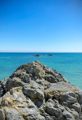 The rocky shoreline of Jersey, Channel Islands.