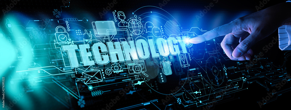 Poster business hand touching the future of UI all technology and virtual screen computer concept.