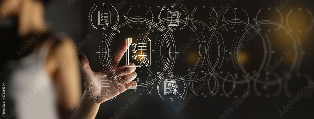Poster businesswoman hand touch icon of document management data system business internet technology concep
