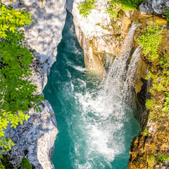 Waterfall to rriver Soca, Velika korita Soce, Triglavski national park, Slovenia