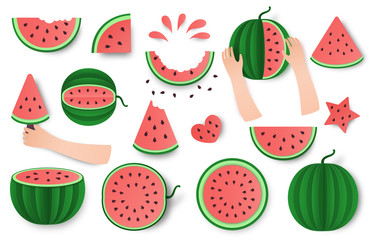 Watermelon whole, half and cut set isolated on white background. Healthy food trendy design . Fruit illustration for farm market menu.Paper cut style vector illustration