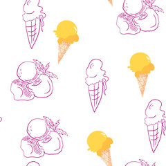 minimal sketchy pattern of different servings of ice cream. Different styles of drawing - sketchy hand drawn manner and flat illustration.