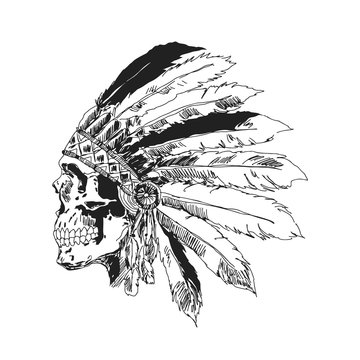 sketchy monochrome illustration of a skull in Naive American traditional headwear with feathers.