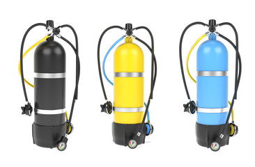 Scuba diving air tank with regulator set. Colored set of cylinders. 3d rendering illustration isolated