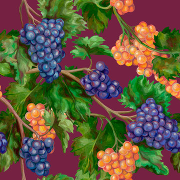 Seamless pattern. Botanical drawings with acrylic paints. Beautiful grape branches. Colorful pink and blue grapes on a burgundy background. Picturesque wallpaper. Vintage style.