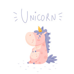 Illustration with cute cartoon unicorn with had draw lettering