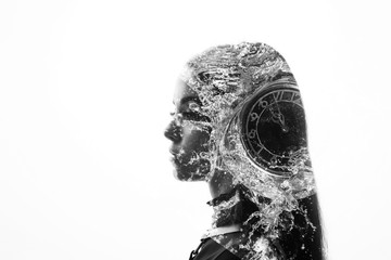 Double exposure of a female face, clock and water. Abstract black and white woman portrait. Digital art. Concept of life time.